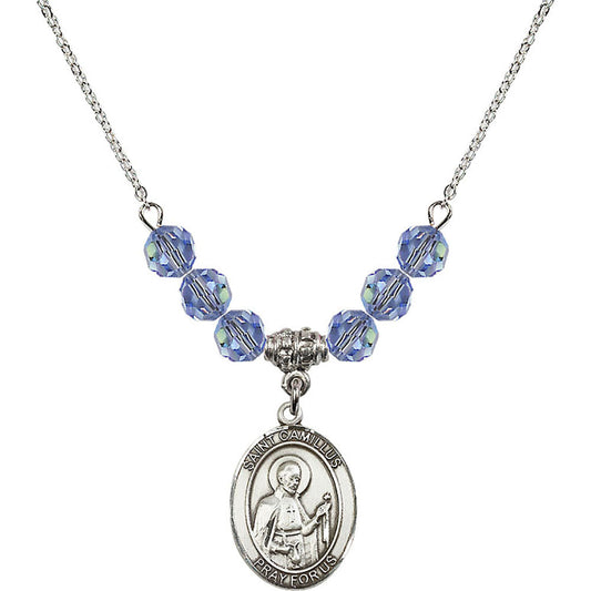 Sterling Silver Saint Camillus of Lellis Birthstone Necklace with Light Sapphire Beads - 8019