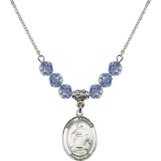 Sterling Silver Saint Charles Borromeo Birthstone Necklace with Light Sapphire Beads - 8020