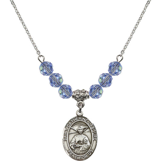 Sterling Silver Saint Catherine Laboure Birthstone Necklace with Light Sapphire Beads - 8021