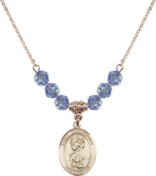 14kt Gold Filled Saint Christopher Birthstone Necklace with Light Sapphire Beads - 8022