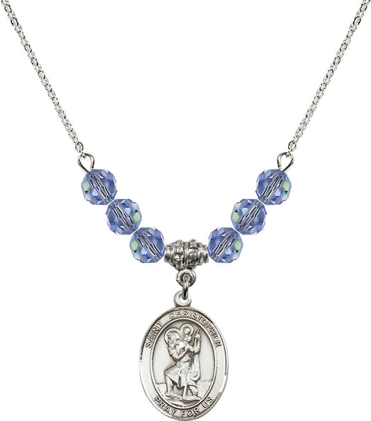 Sterling Silver Saint Christopher Birthstone Necklace with Light Sapphire Beads - 8022