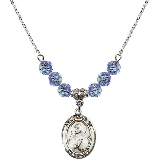 Sterling Silver Saint Dorothy Birthstone Necklace with Light Sapphire Beads - 8023