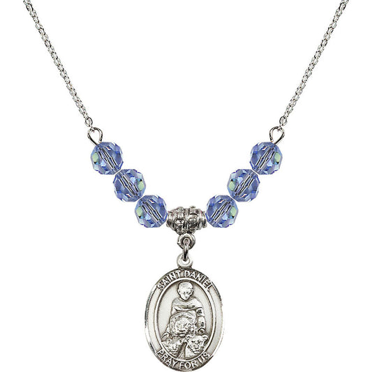 Sterling Silver Saint Daniel Birthstone Necklace with Light Sapphire Beads - 8024