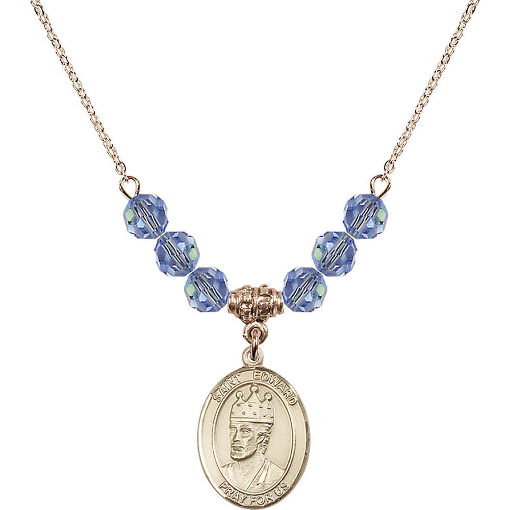 14kt Gold Filled Saint Edward the Confessor Birthstone Necklace with Light Sapphire Beads - 8026