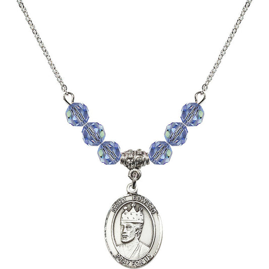 Sterling Silver Saint Edward the Confessor Birthstone Necklace with Light Sapphire Beads - 8026