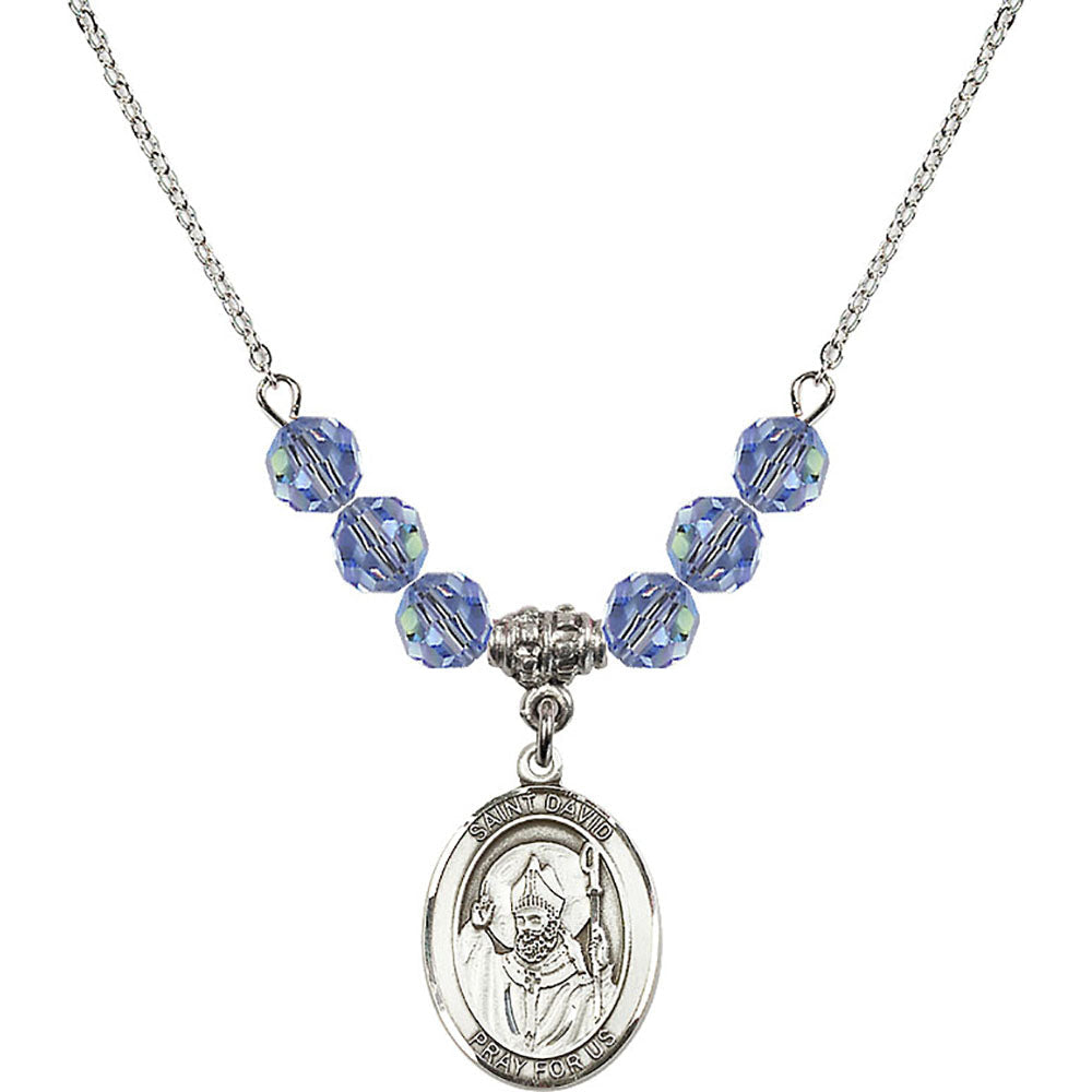 Sterling Silver Saint David of Wales Birthstone Necklace with Light Sapphire Beads - 8027
