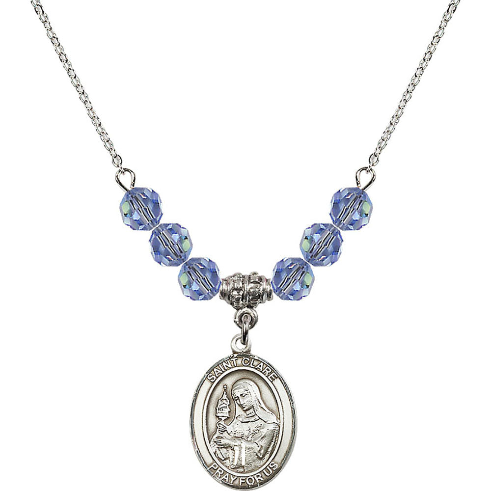 Sterling Silver Saint Clare of Assisi Birthstone Necklace with Light Sapphire Beads - 8028