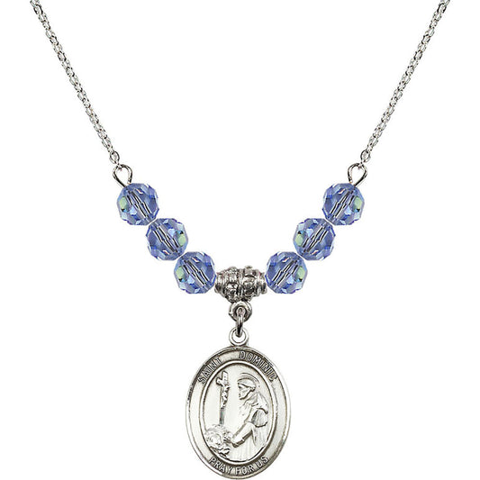 Sterling Silver Saint Dominic de Guzman Birthstone Necklace with Light Sapphire Beads - 8030