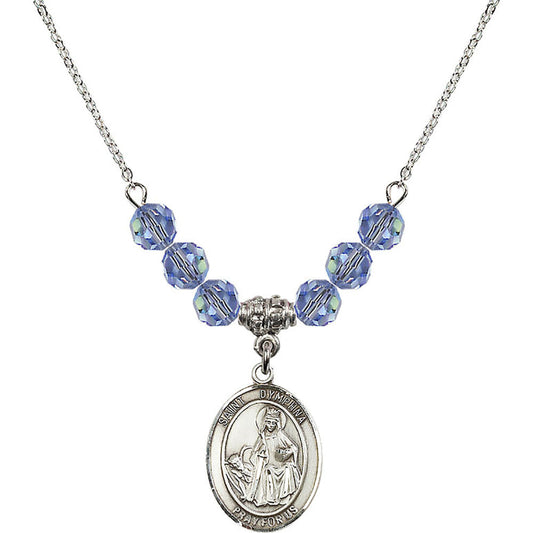 Sterling Silver Saint Dymphna Birthstone Necklace with Light Sapphire Beads - 8032