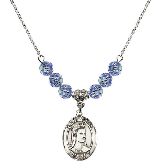 Sterling Silver Saint Elizabeth of Hungary Birthstone Necklace with Light Sapphire Beads - 8033