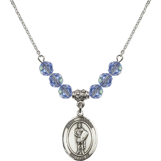 Sterling Silver Saint Florian Birthstone Necklace with Light Sapphire Beads - 8034