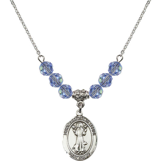 Sterling Silver Saint Francis of Assisi Birthstone Necklace with Light Sapphire Beads - 8036