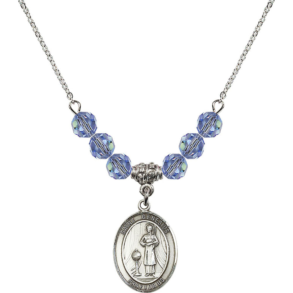 Sterling Silver Saint Genesius of Rome Birthstone Necklace with Light Sapphire Beads - 8038