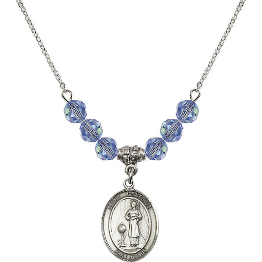 Sterling Silver Saint Genesius of Rome Birthstone Necklace with Light Sapphire Beads - 8038