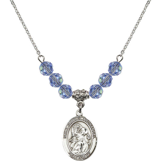 Sterling Silver Saint Gabriel the Archangel Birthstone Necklace with Light Sapphire Beads - 8039