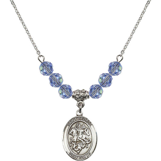 Sterling Silver Saint George Birthstone Necklace with Light Sapphire Beads - 8040
