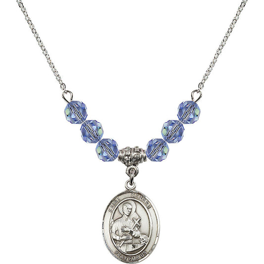 Sterling Silver Saint Gerard Majella Birthstone Necklace with Light Sapphire Beads - 8042