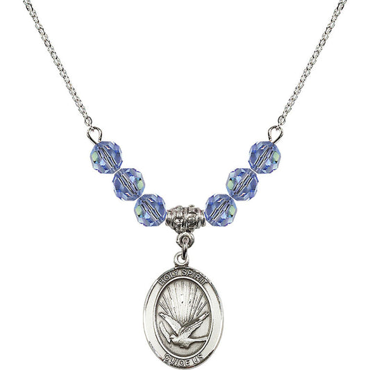 Sterling Silver Holy Spirit Birthstone Necklace with Light Sapphire Beads - 8044
