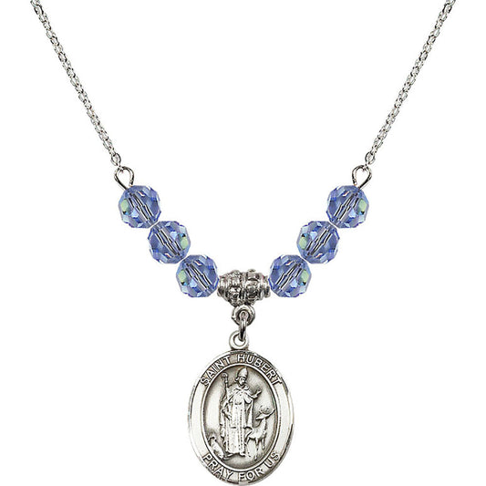 Sterling Silver Saint Hubert of Liege Birthstone Necklace with Light Sapphire Beads - 8045