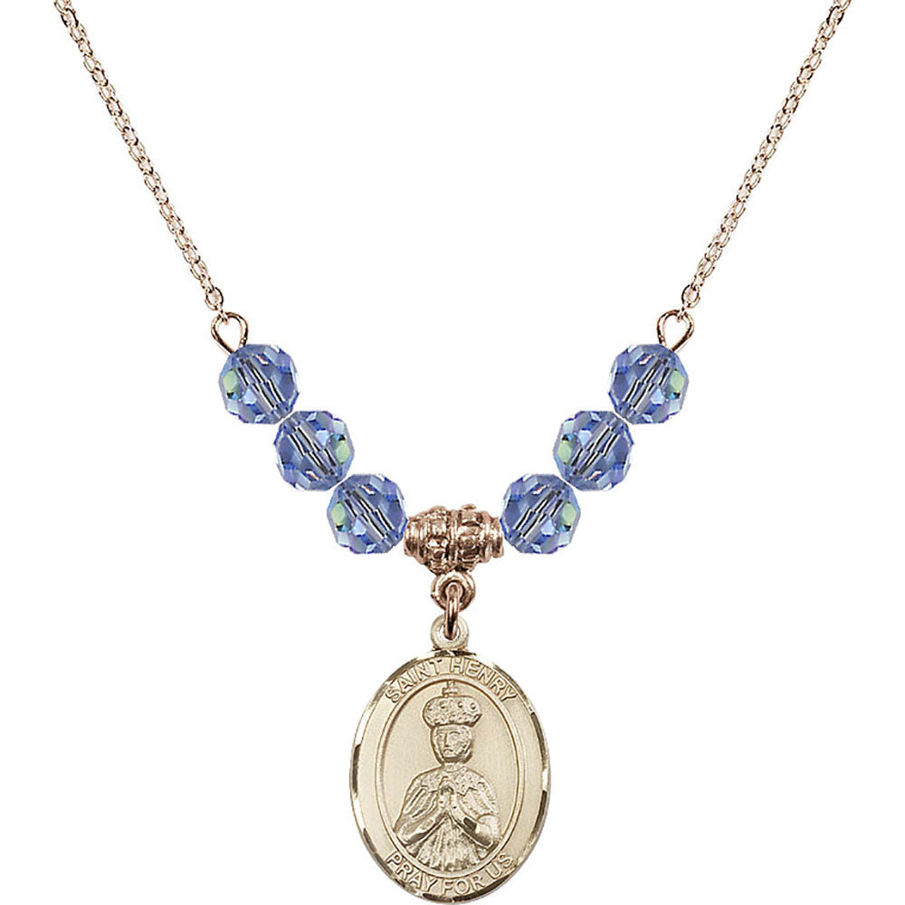 14kt Gold Filled Saint Henry II Birthstone Necklace with Light Sapphire Beads - 8046