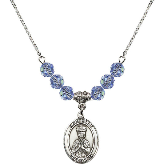 Sterling Silver Saint Henry II Birthstone Necklace with Light Sapphire Beads - 8046