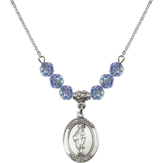 Sterling Silver Saint Gregory the Great Birthstone Necklace with Light Sapphire Beads - 8048