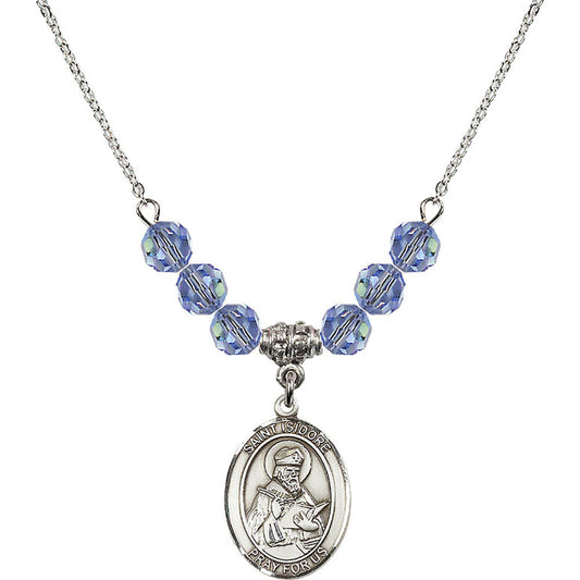 Sterling Silver Saint Isidore of Seville Birthstone Necklace with Light Sapphire Beads - 8049