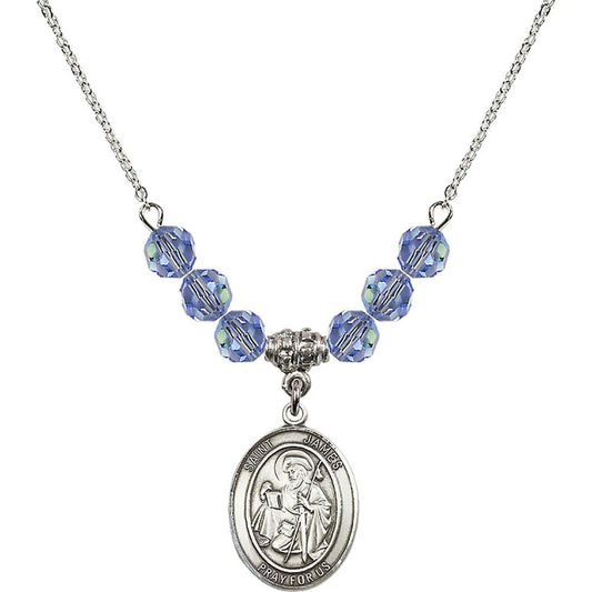 Sterling Silver Saint James the Greater Birthstone Necklace with Light Sapphire Beads - 8050