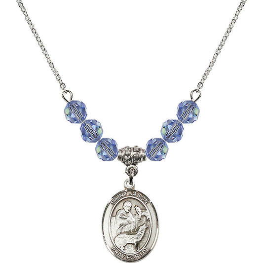 Sterling Silver Saint Jason Birthstone Necklace with Light Sapphire Beads - 8051