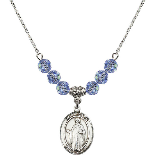 Sterling Silver Saint Justin Birthstone Necklace with Light Sapphire Beads - 8052