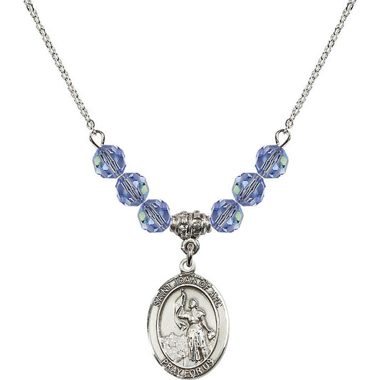 Sterling Silver Saint Joan of Arc Birthstone Necklace with Light Sapphire Beads - 8053