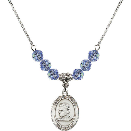 Sterling Silver Saint John Bosco Birthstone Necklace with Light Sapphire Beads - 8055
