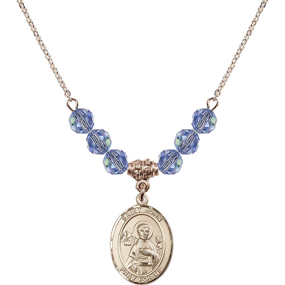 14kt Gold Filled Saint John the Apostle Birthstone Necklace with Light Sapphire Beads - 8056