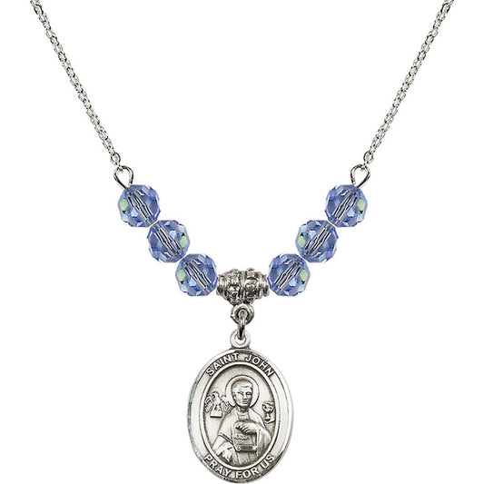 Sterling Silver Saint John the Apostle Birthstone Necklace with Light Sapphire Beads - 8056