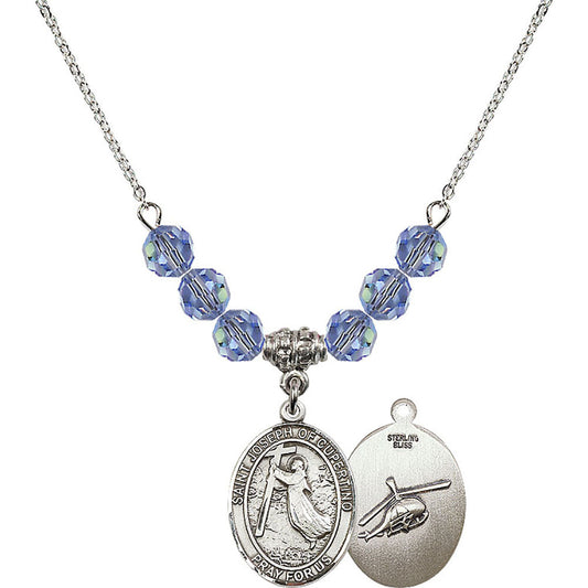 Sterling Silver Saint Joseph of Cupertino/Helecopter Birthstone Necklace with Light Sapphire Beads - 8057