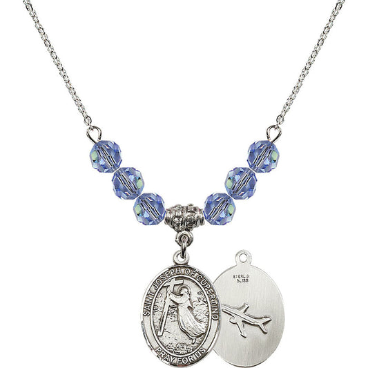 Sterling Silver Saint Joseph of Cupertino Birthstone Necklace with Light Sapphire Beads - 8057