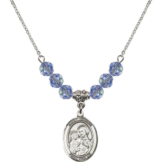 Sterling Silver Saint Joseph Birthstone Necklace with Light Sapphire Beads - 8058
