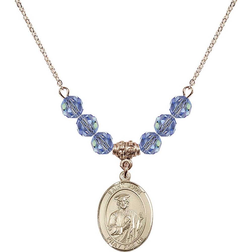 14kt Gold Filled Saint Jude Thaddeus Birthstone Necklace with Light Sapphire Beads - 8060