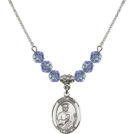 Sterling Silver Saint Jude Thaddeus Birthstone Necklace with Light Sapphire Beads - 8060