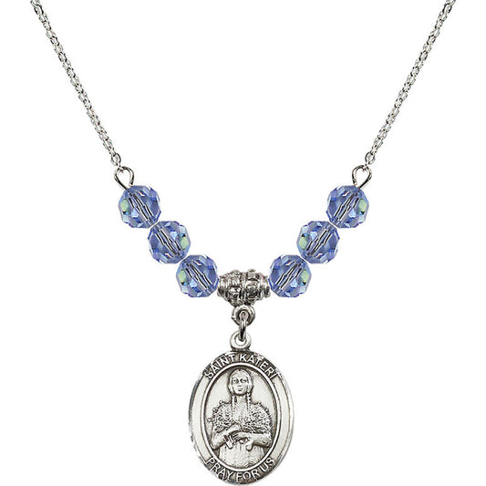 Sterling Silver Saint Kateri Tekakwitha Birthstone Necklace with Light Sapphire Beads - 8061