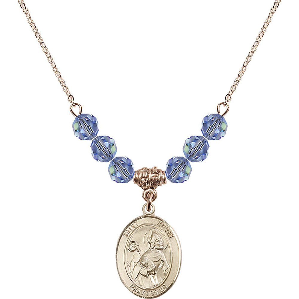 14kt Gold Filled Saint Kevin Birthstone Necklace with Light Sapphire Beads - 8062