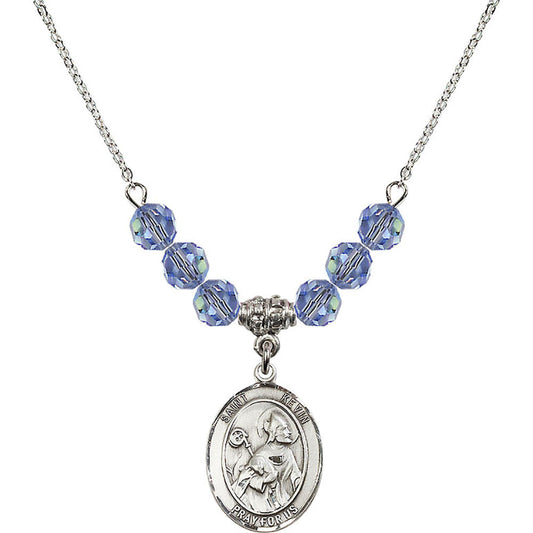 Sterling Silver Saint Kevin Birthstone Necklace with Light Sapphire Beads - 8062