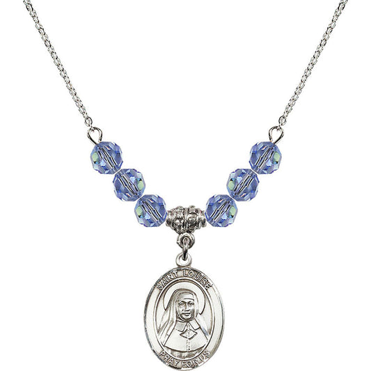 Sterling Silver Saint Louise de Marillac Birthstone Necklace with Light Sapphire Beads - 8064