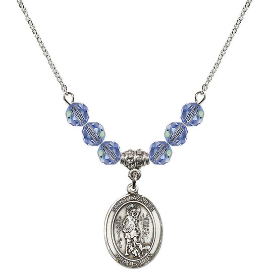 Sterling Silver Saint Lazarus Birthstone Necklace with Light Sapphire Beads - 8066