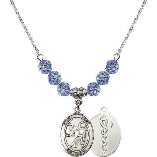 Sterling Silver Saint Luke the Apostle / Doctor Birthstone Necklace with Light Sapphire Beads - 8068