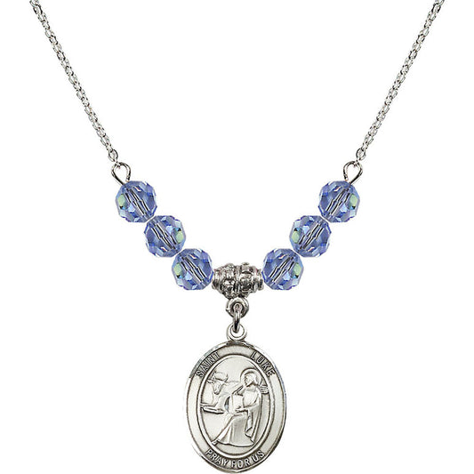 Sterling Silver Saint Luke the Apostle Birthstone Necklace with Light Sapphire Beads - 8068