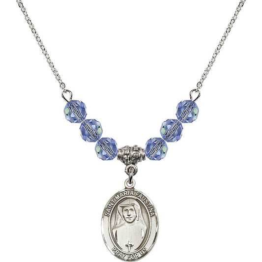 Sterling Silver Saint Maria Faustina Birthstone Necklace with Light Sapphire Beads - 8069