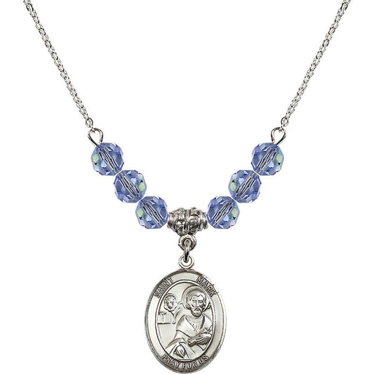 Sterling Silver Saint Mark the Evangelist Birthstone Necklace with Light Sapphire Beads - 8070