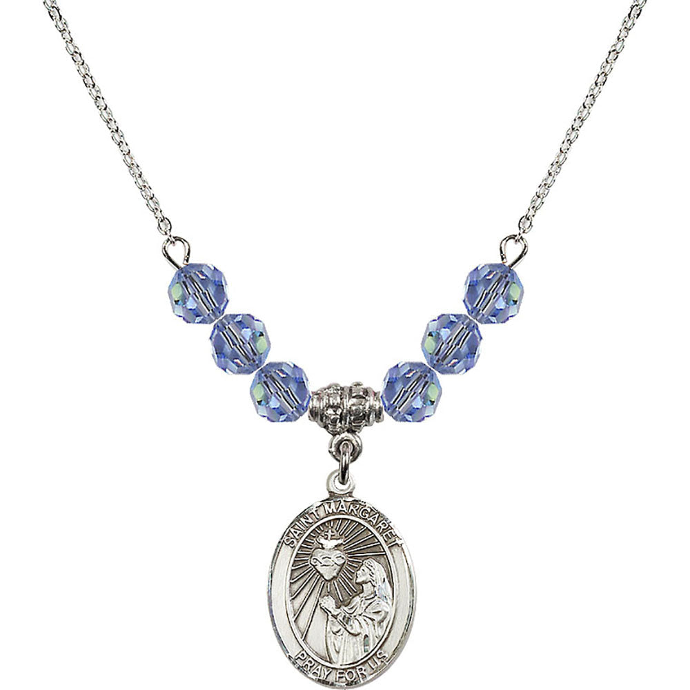 Sterling Silver Saint Margaret Mary Alacoque Birthstone Necklace with Light Sapphire Beads - 8072