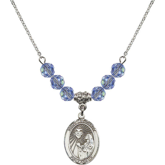 Sterling Silver Saint Margaret Mary Alacoque Birthstone Necklace with Light Sapphire Beads - 8072
